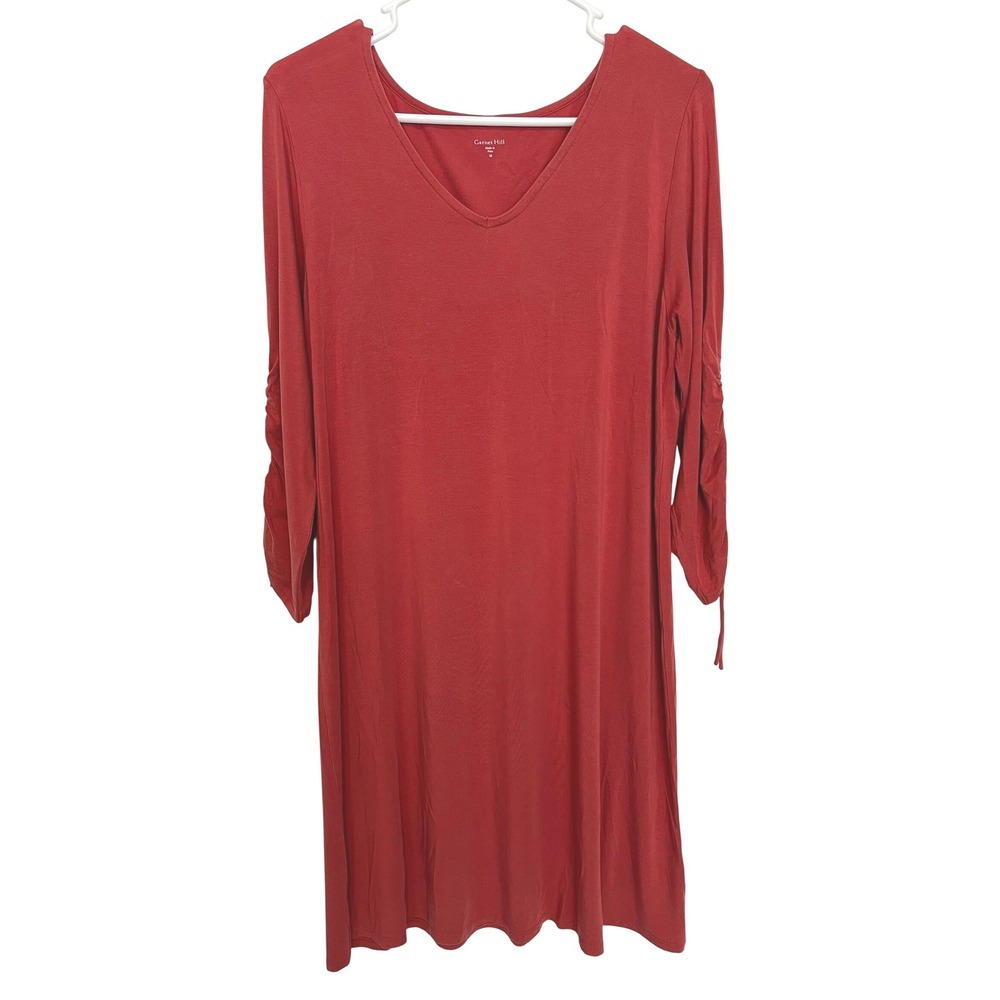 Garnet Hill Women's M Rust Orange T-Shirt Dress‎ Vneck Ruched 3/4 Sleeves Tencel